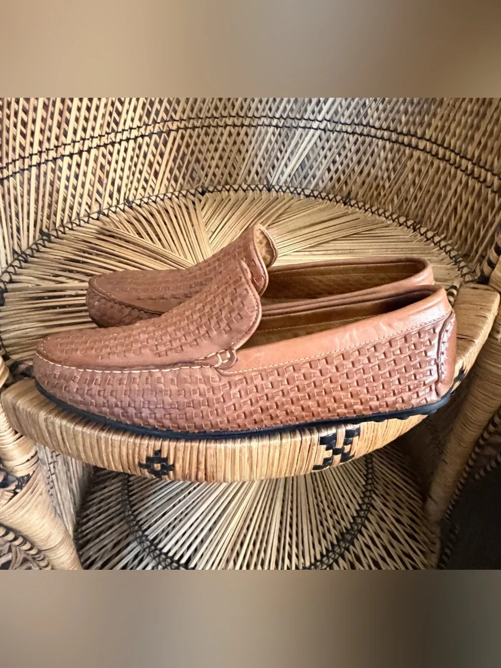 Saks Fifth Avenue Leather Basket Woven Loafer Driving Mocs Shoes Mens 9 Brown